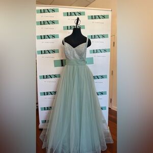 La Femme Elegant Sage Tulle Gown with Hot Stone Bodice